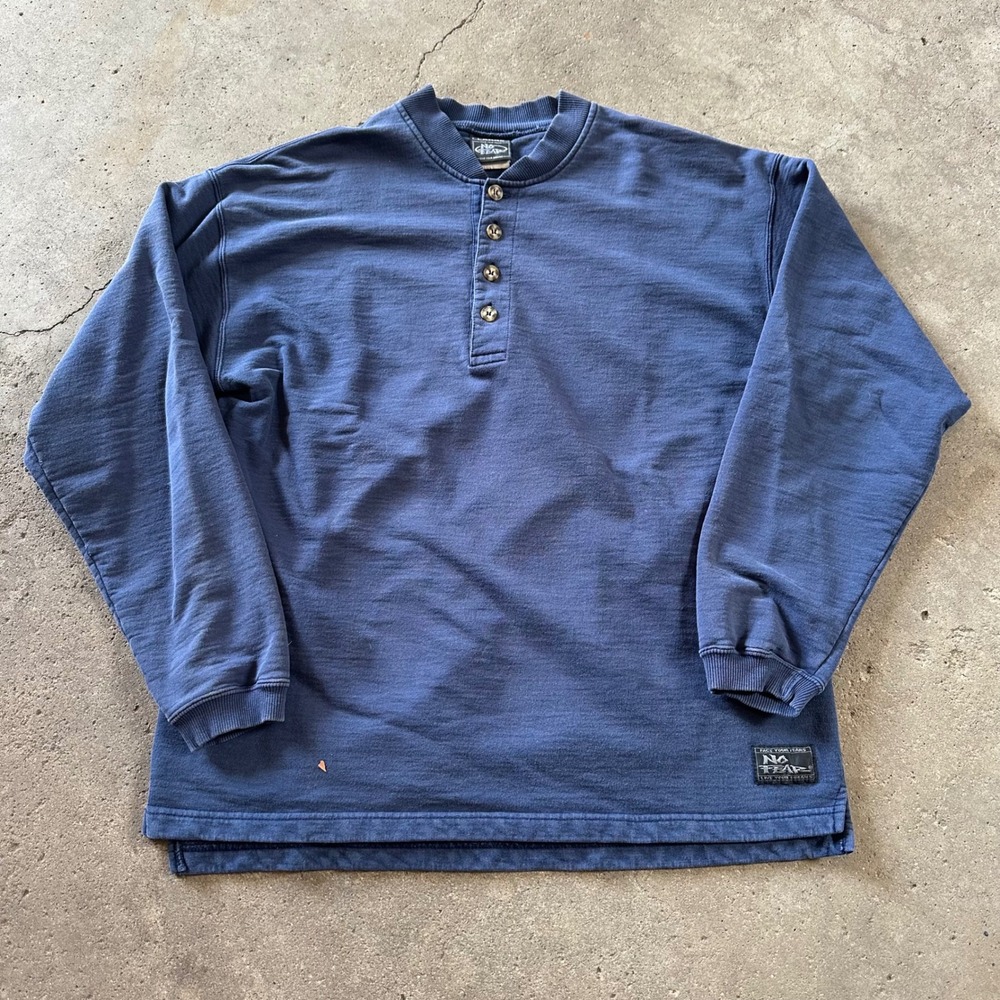 Vintage 90s No Fear Henley Shirt Mens L Blue Vintage Long Sleeve USA Made Skate